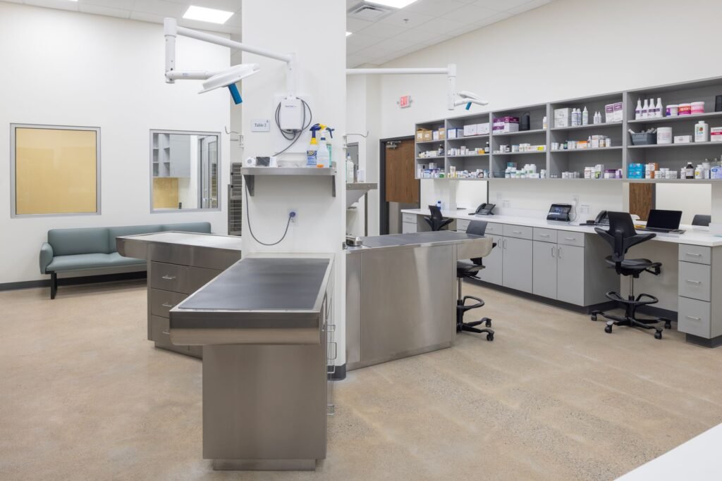 A modern veterinary examination room with stainless steel tables, medical supplies on shelves, and a…