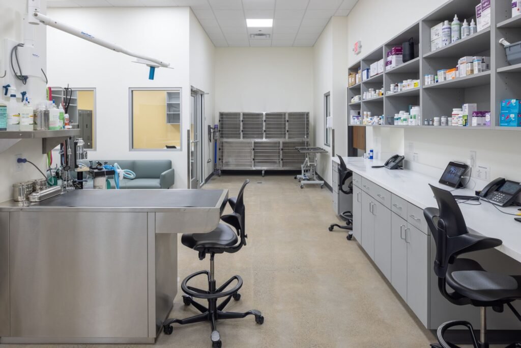 A veterinary clinic treatment room with metal exam tables, stainless steel kennels, cabinets, and ph…